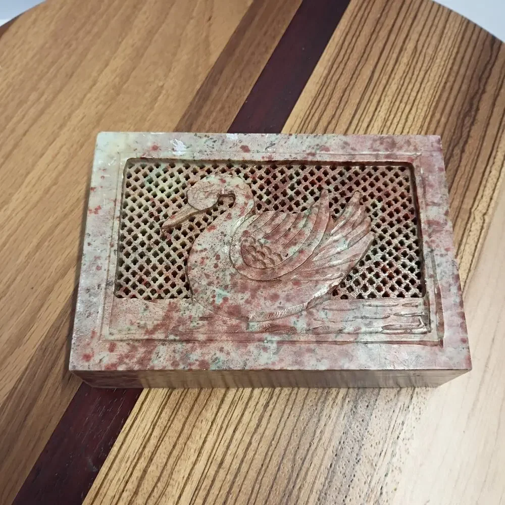 Vintage Swan Carved Soapstone Trinket Jewelry Box India Hinged MCM 6x4 Rectangle